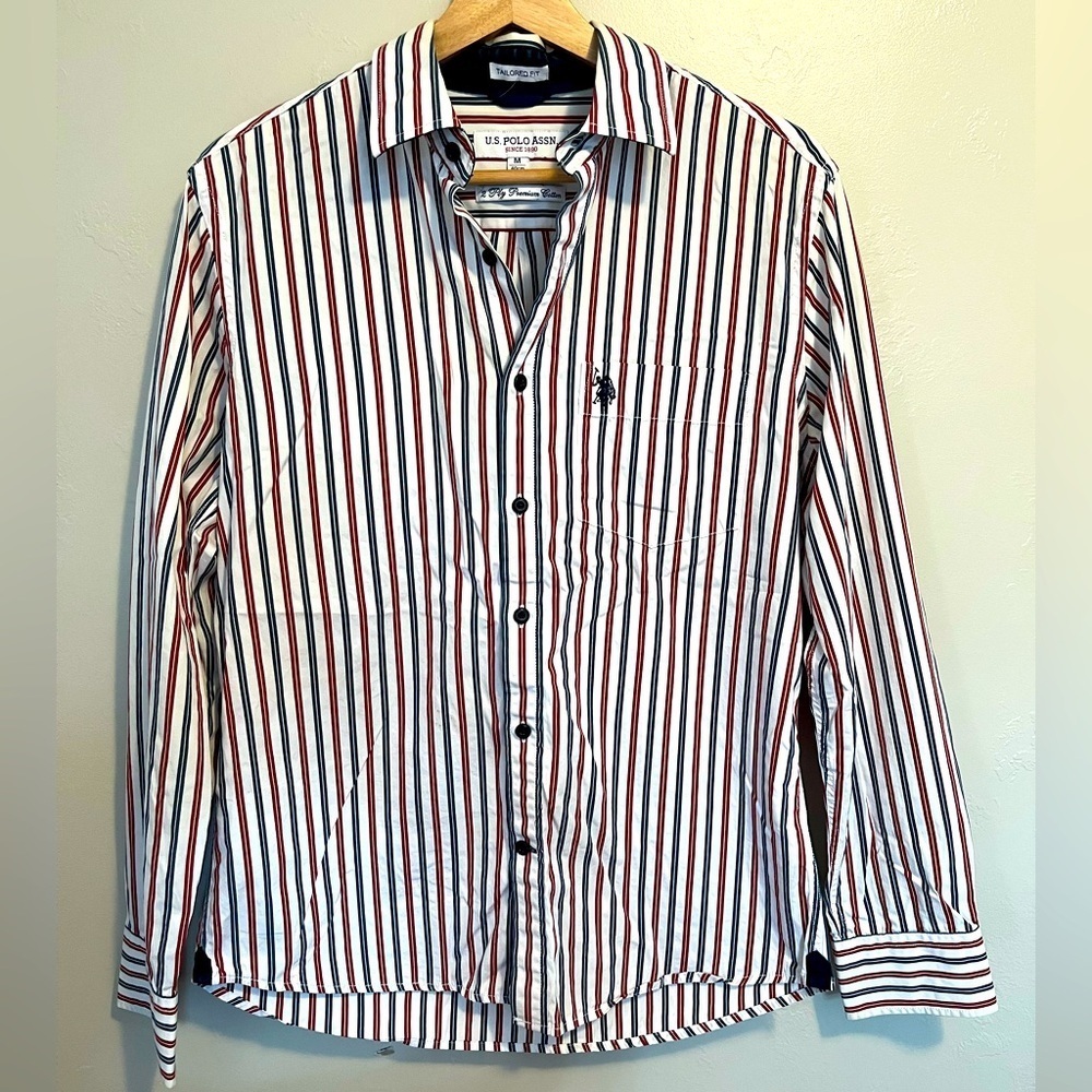 U.S. Polo Assn. Vertical Striped Twill Shirt Red White & Blue